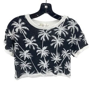 Women's Coconut palm Tree Print Pullover Short Sleeve Crop Top Black and White M